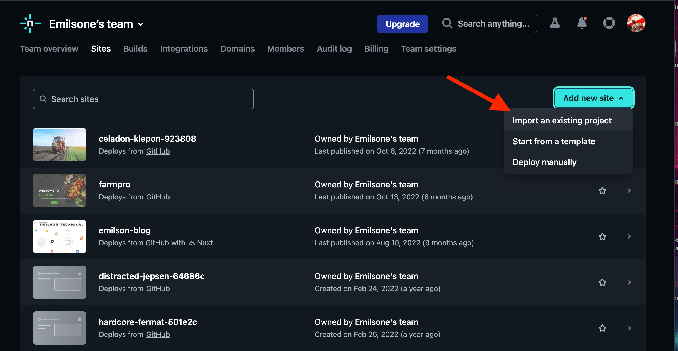 Add new site menu has options for import an existing project, start from a template, deploy manually. An arrow is pointed at Import an existing project